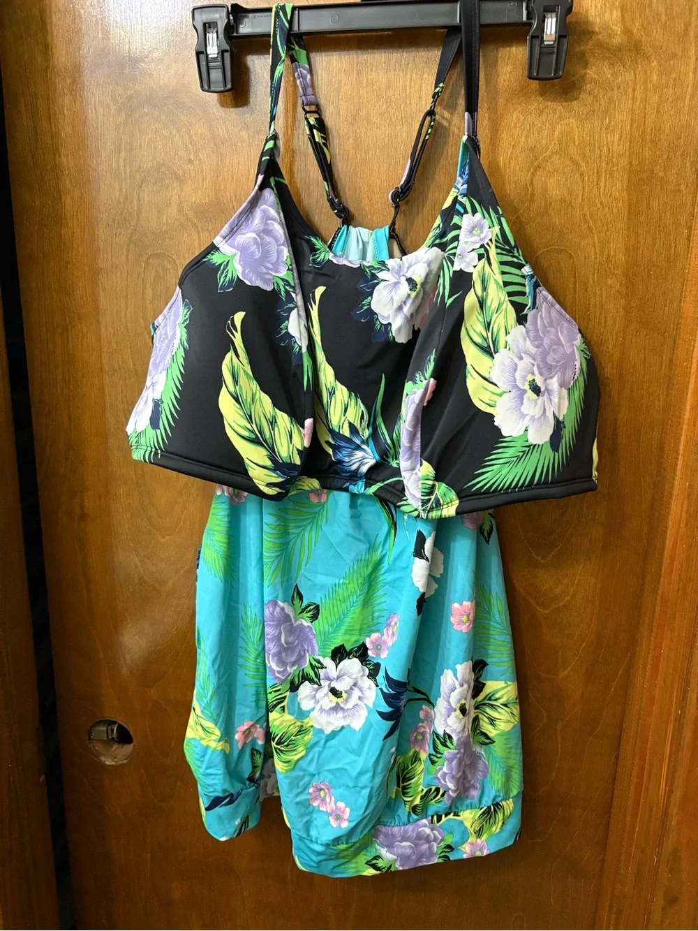 Cacique Turquoise Floral Halter Swim Dress with Black Trim
